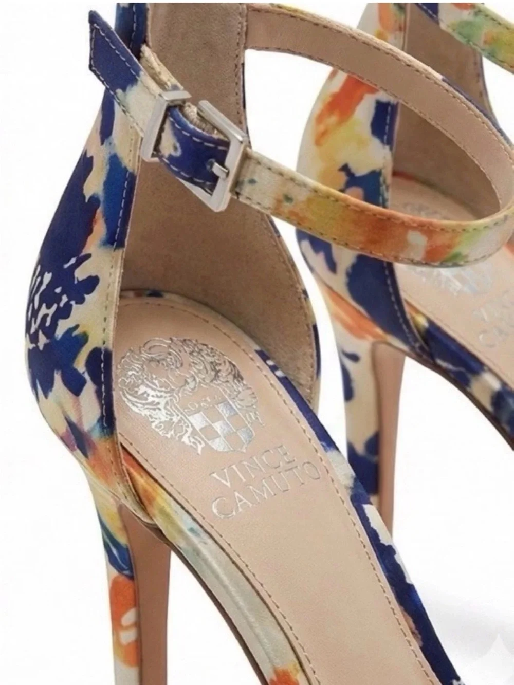 Vince Camuto Floral Open-Toe Ankle-Strap Heel in Navy & Orange